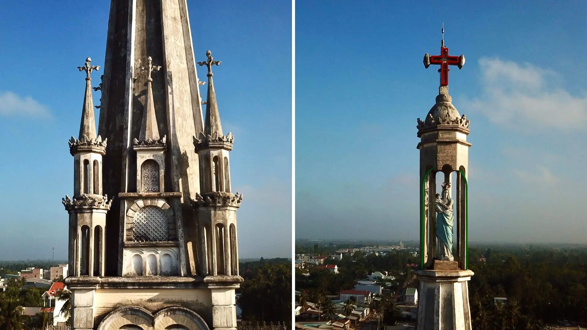 Close-up of Cai Be Church tower and statue in Cai Be, Tien Giang