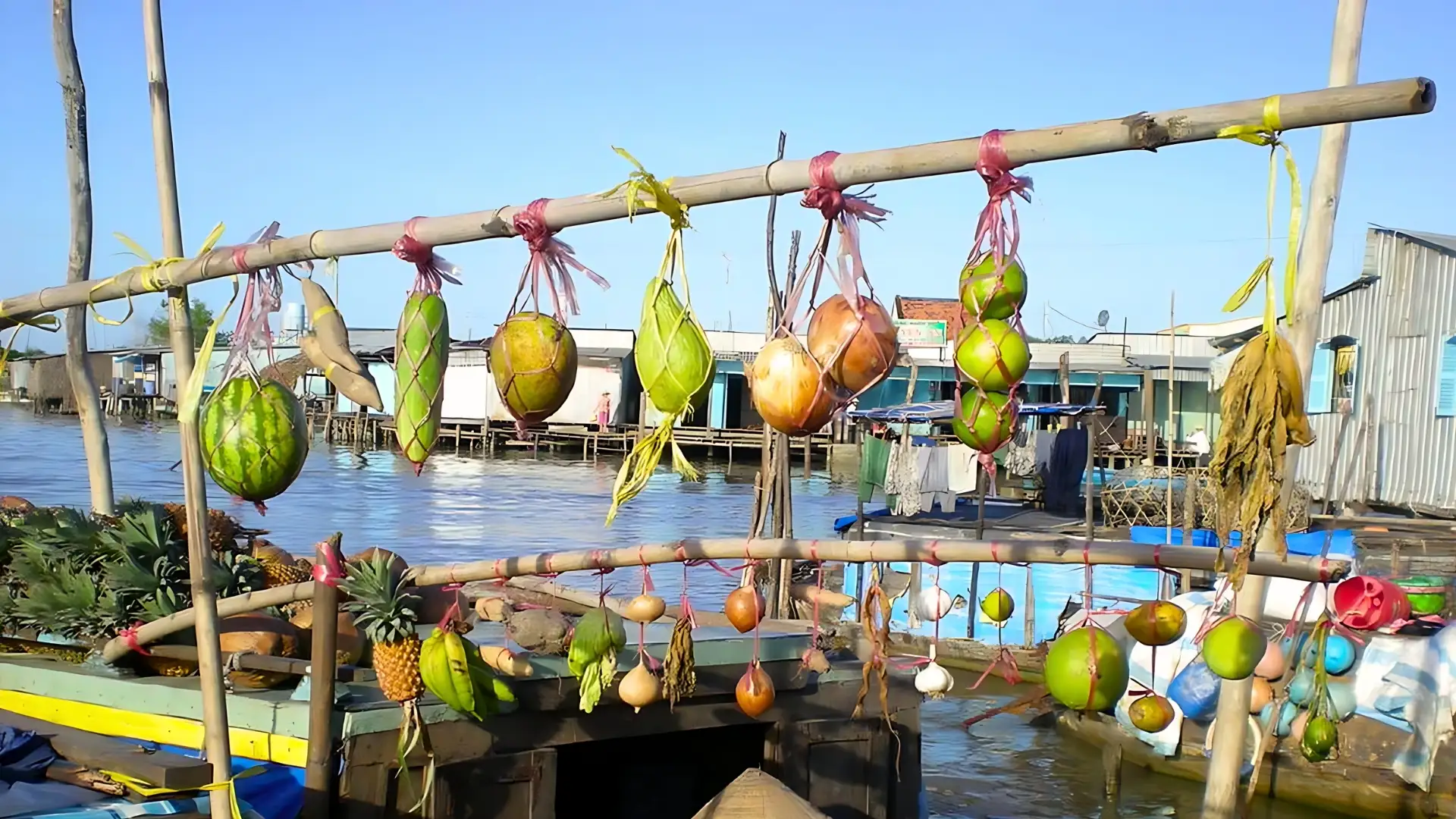 Mekong Smile Cai Be Floating Market fresh agricultural products sold on boats