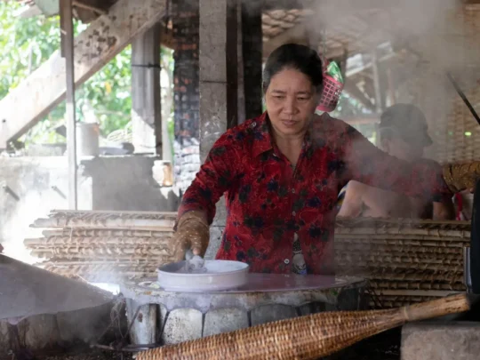 Local woman at traditional noodle wotkshop at Cai Rang Floating Market in Can Tho