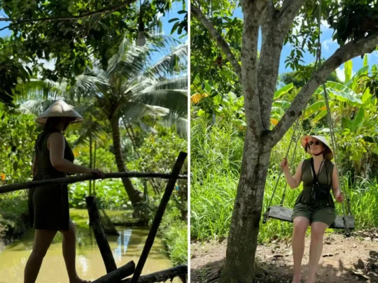 Tourists walking through a tropical garden in the Mekong Delta near Cai Rang Floating Market