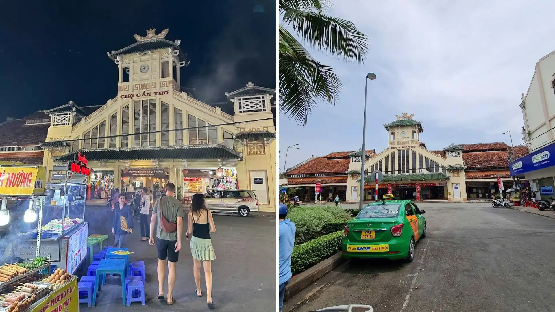 Can Tho Old Market at night with visitors and street food
