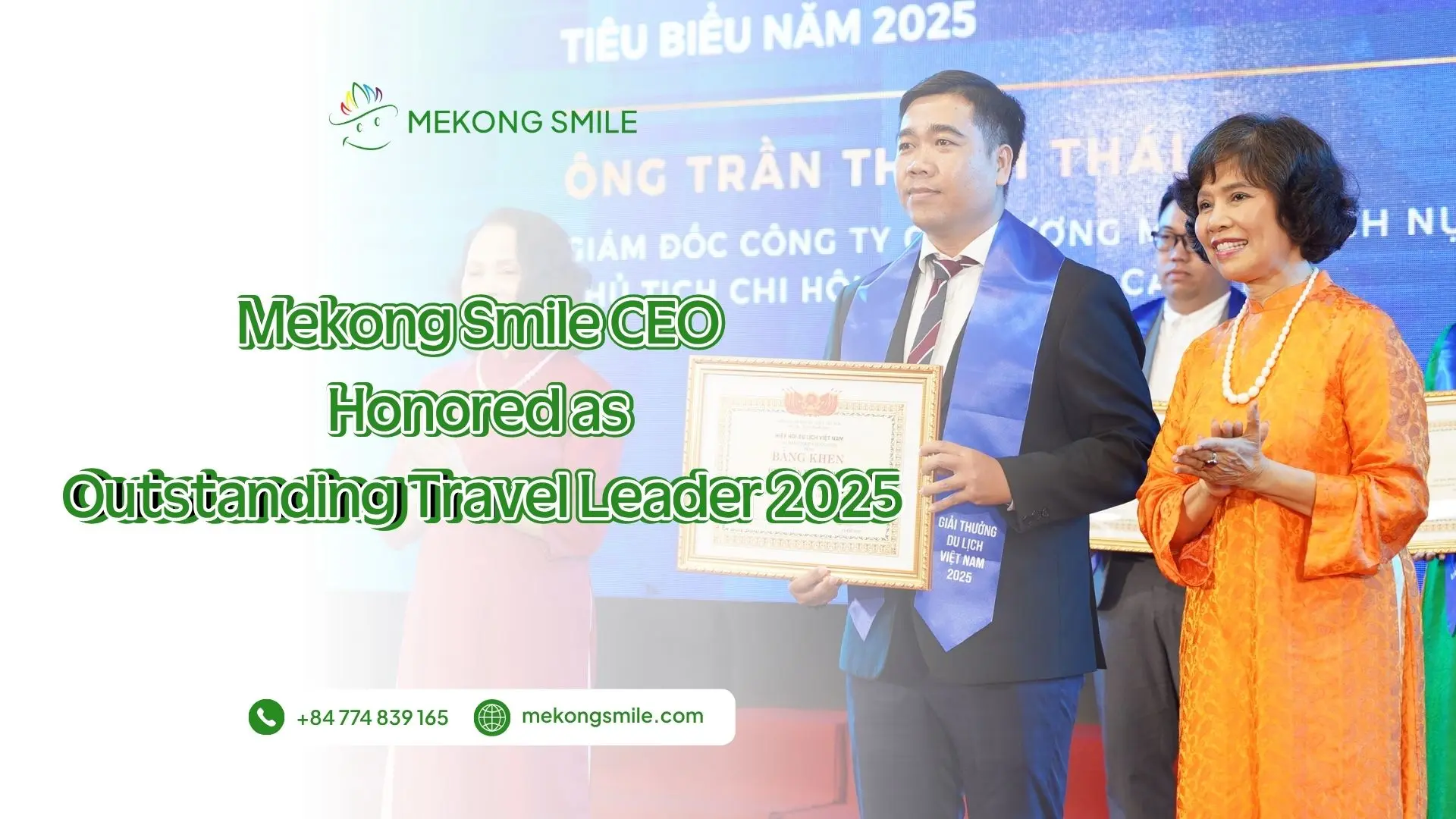 CEO of Mekong Smile, Tran Thanh Thai, holding his award at the VITM Hanoi 2026 ceremony in Vietnam