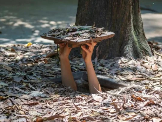 Small, hidden square tunnel trapdoor on the ground at the historical site