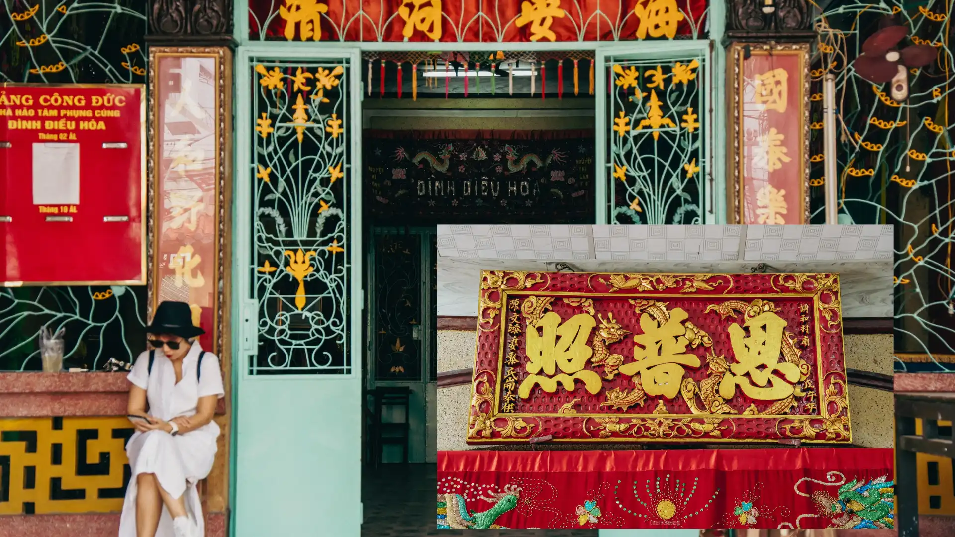 Red and gold calligraphy plaque at Dieu Hoa Temple