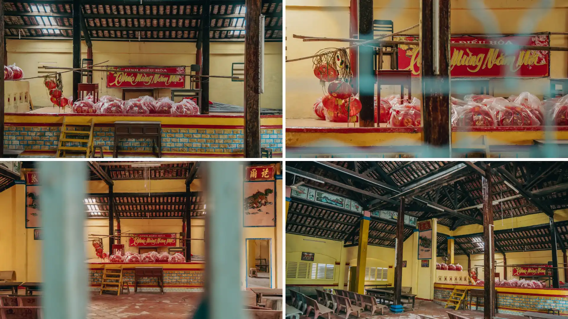 Interior views of ceremonial offerings at Dieu Hoa Temple
