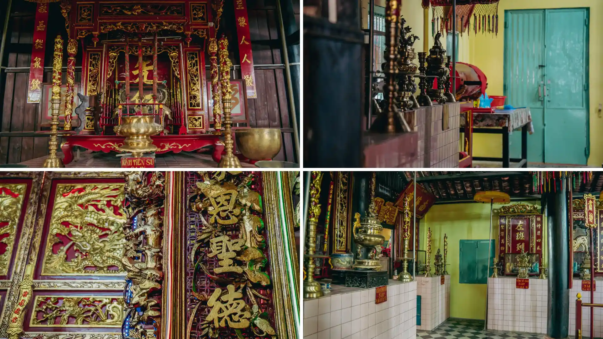 Multi-view collage of Dieu Hoa Temple interior details