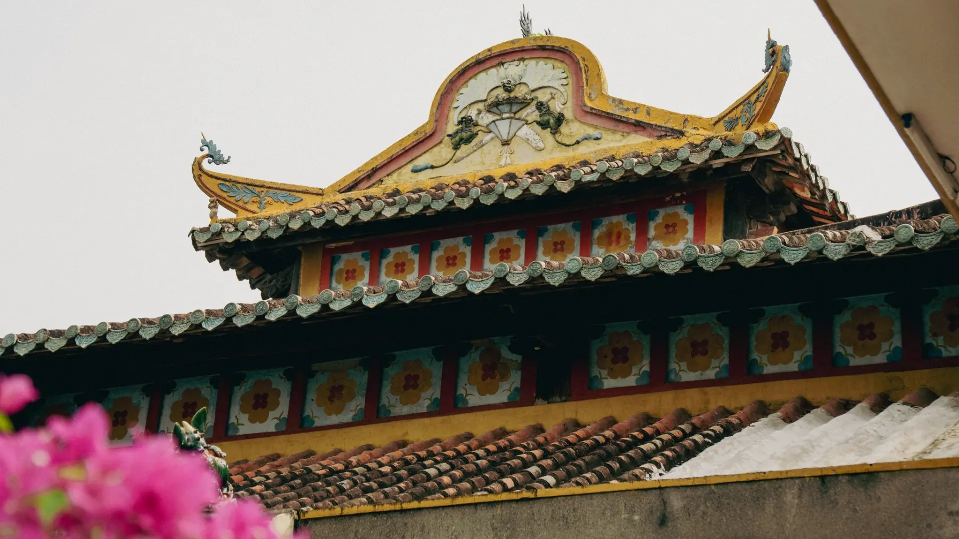 Traditional ceramic tile roofing of Dieu Hoa Temple