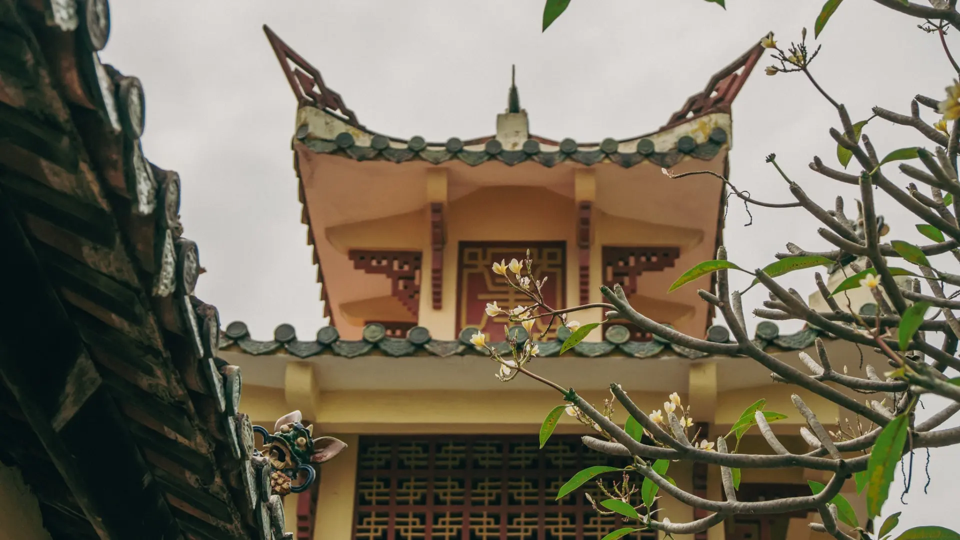 Close-up of traditional curved roof tiles at Dieu Hoa Temple