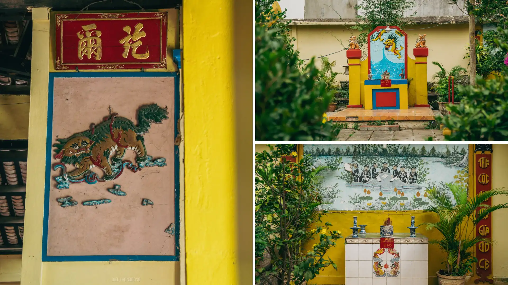 Collage of wall paintings and decorative panels at Dieu Hoa Temple