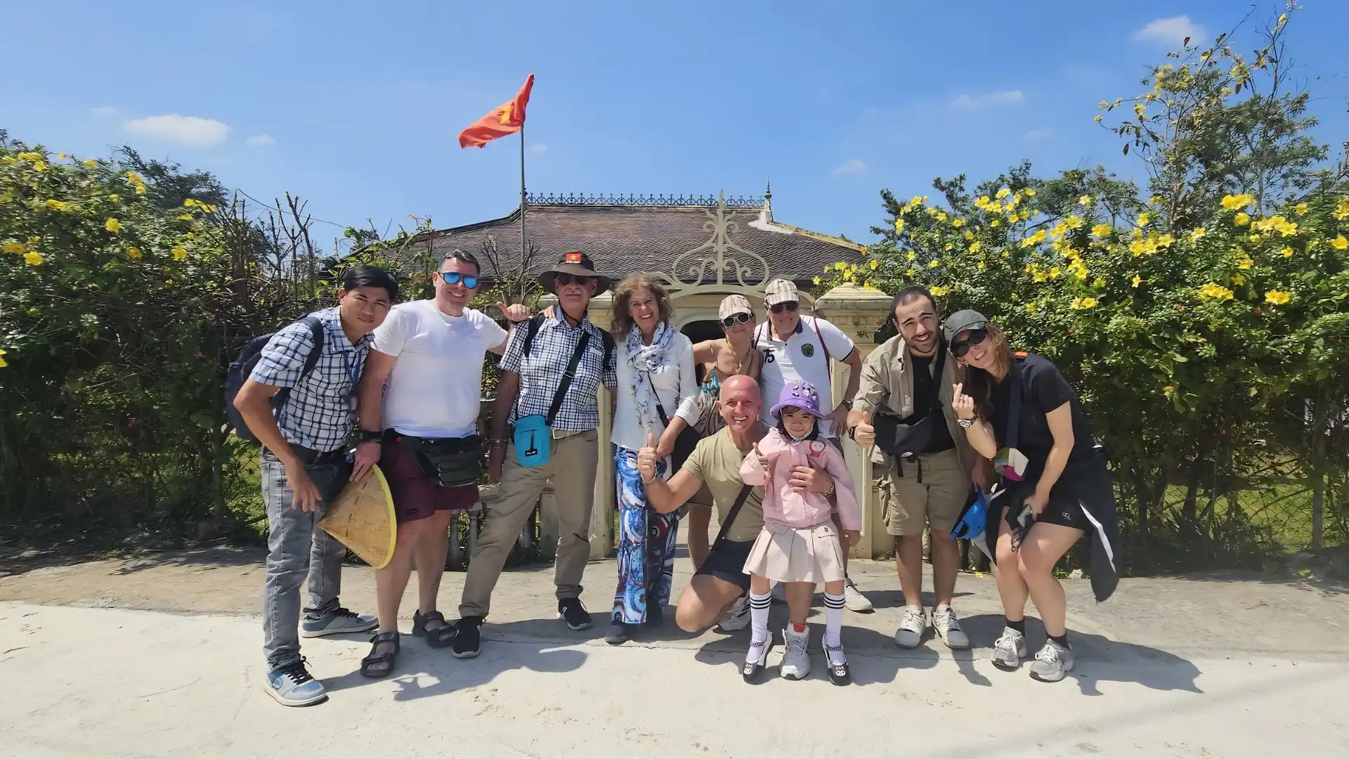 Mekong Smile Dong Hoa Hiep Ancient Village visitors check in in front of Ba Duc ancient house