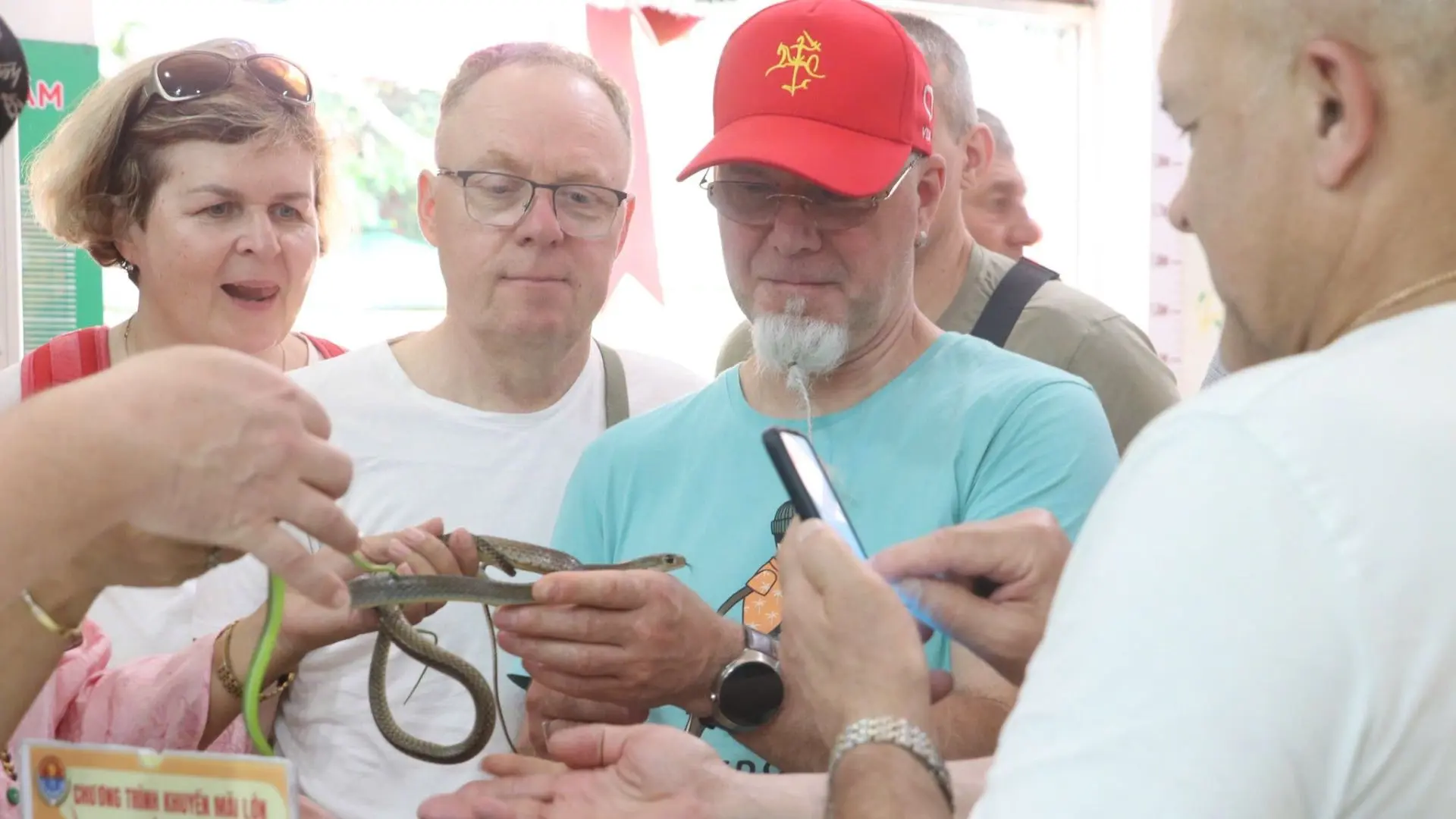 Tourists observing a live snake demonstration led by staff at Dong Tam Snake Farm in Tien Giang