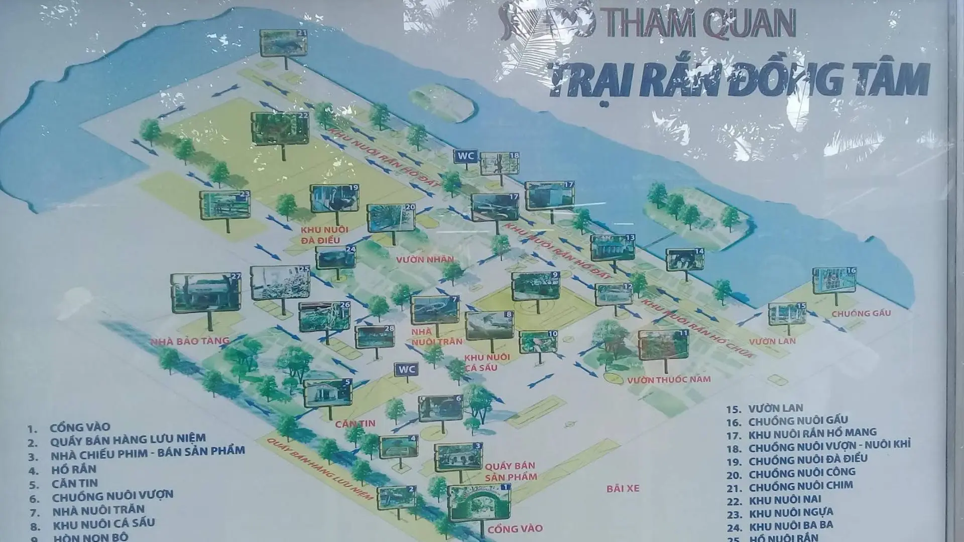 Tourist map showing the layout and attractions inside Dong Tam Snake Farm in Tien Giang, Vietnam