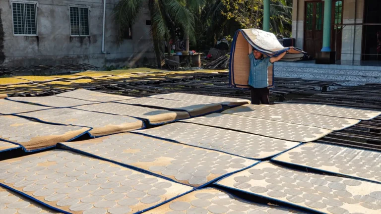 Puff Rice Paper Drying on Woven Mats