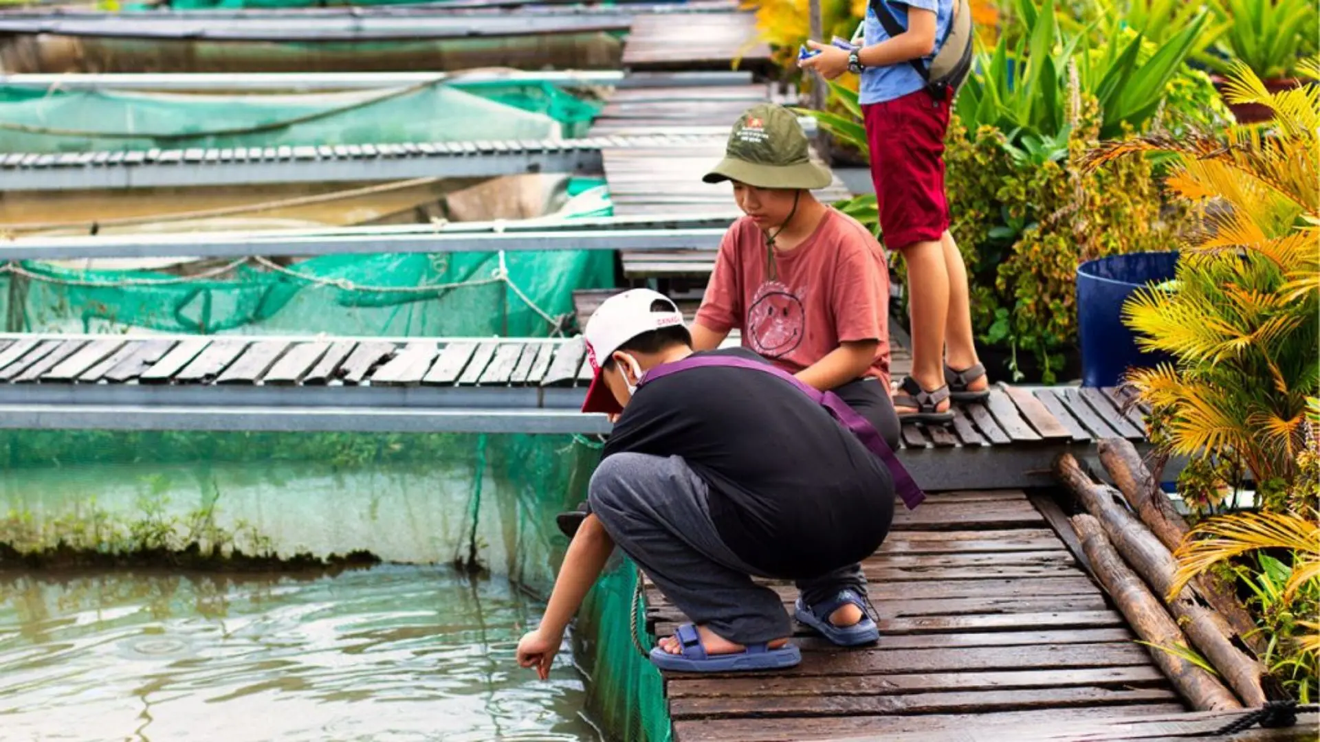 Local people working at Can Tho floating fish farm