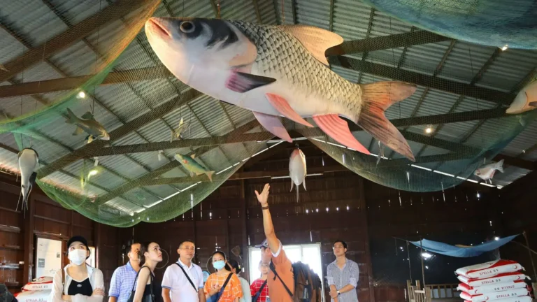 Indoor exhibition space at Mekong Smile floating fish farm