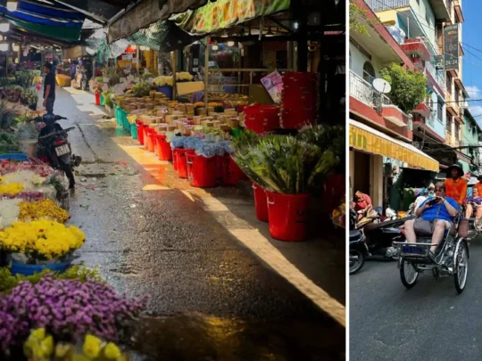 Cyclo passing a flower street during Ho Chi Minh Cycle Tour in Ho Chi Minh City