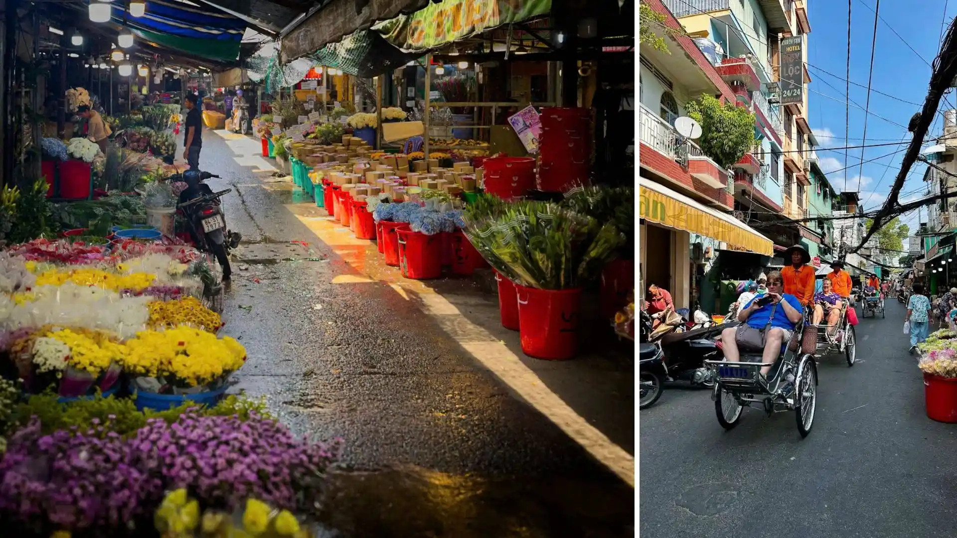 Cyclo passing a flower street during Ho Chi Minh Cycle Tour in Ho Chi Minh City