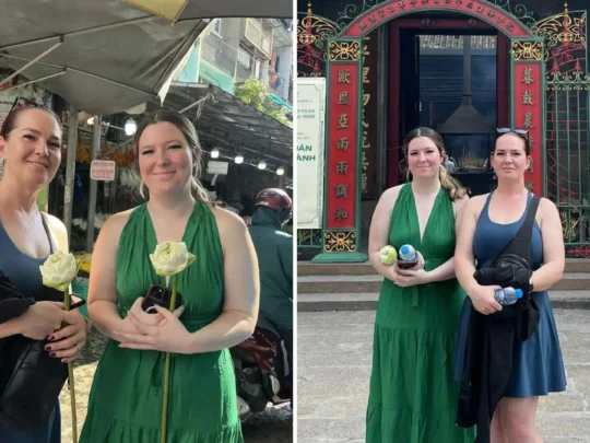 Tourists visiting a temple on Ho Chi Minh Cycle Tour in Ho Chi Minh City