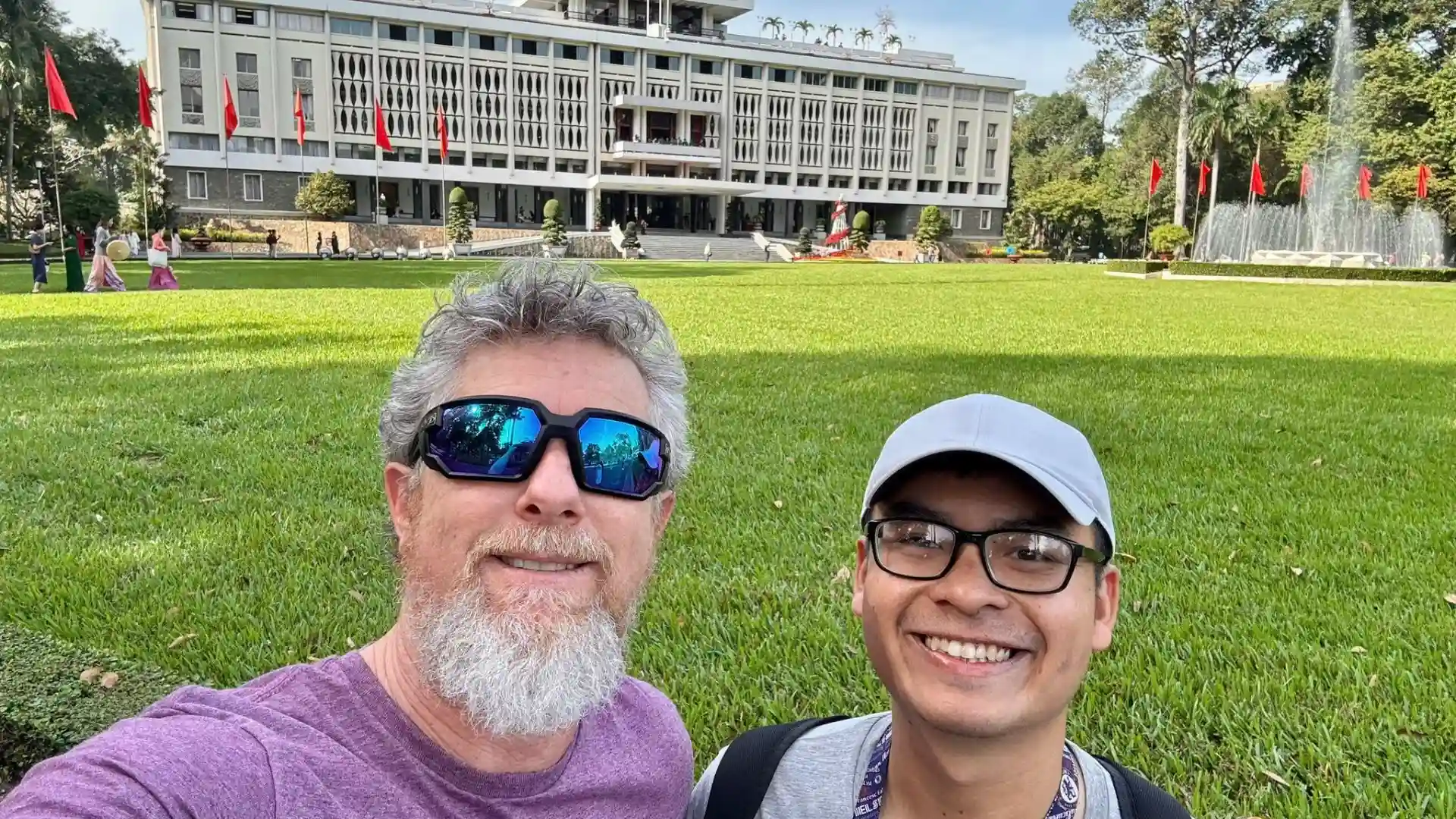 Travelers at Reunification Palace on Ho Chi Minh motorbike city tour