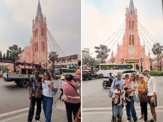 Tourists visiting Tan Dinh Pink Church on Ho Chi Minh motorbike tour