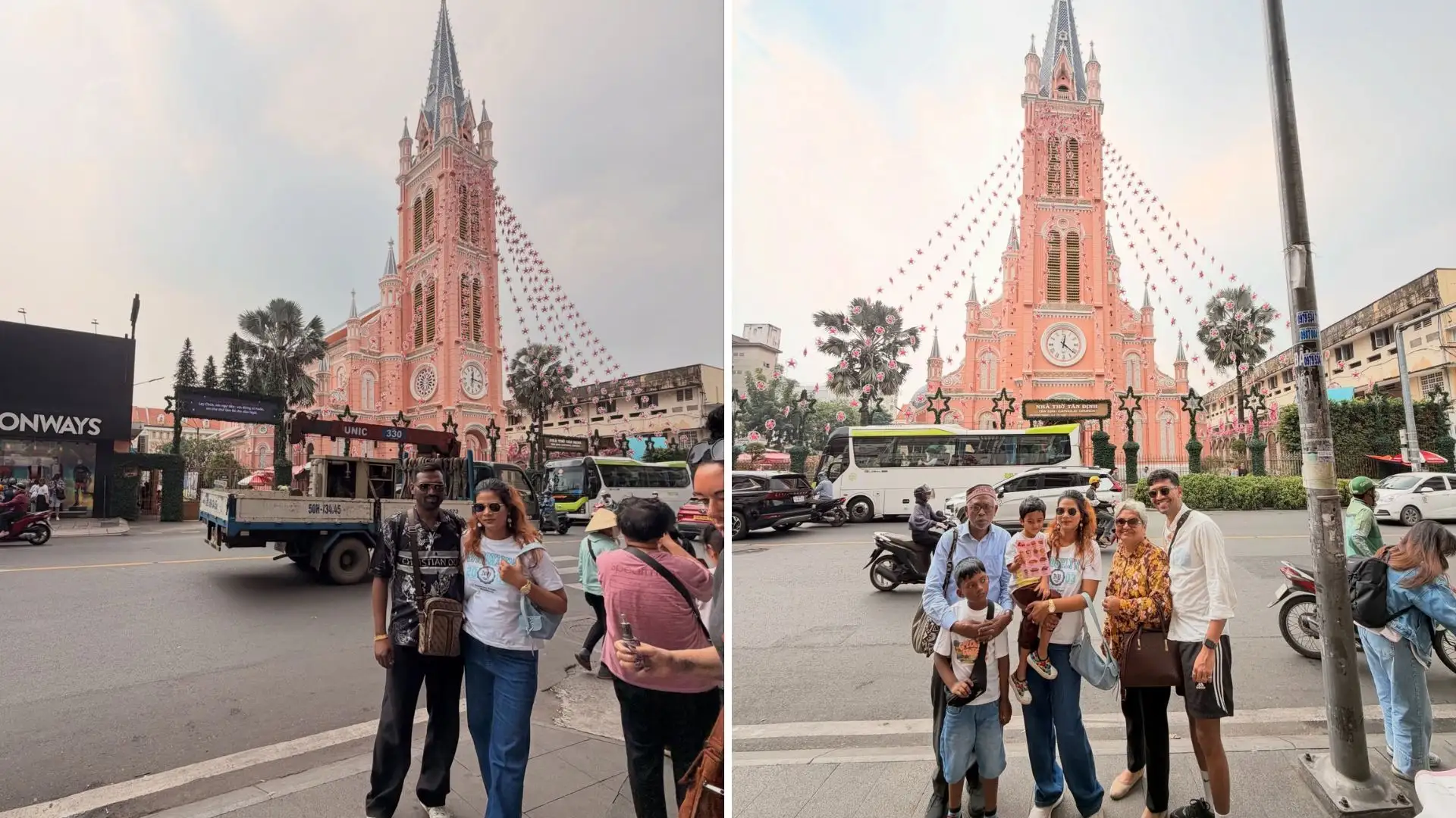 Tourists visiting Tan Dinh Pink Church on Ho Chi Minh motorbike tour