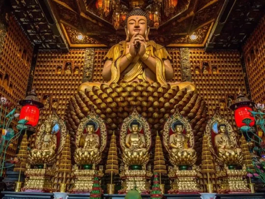 Sacred interior of Ten Thousand Buddha Pagoda in Ho Chi Minh City