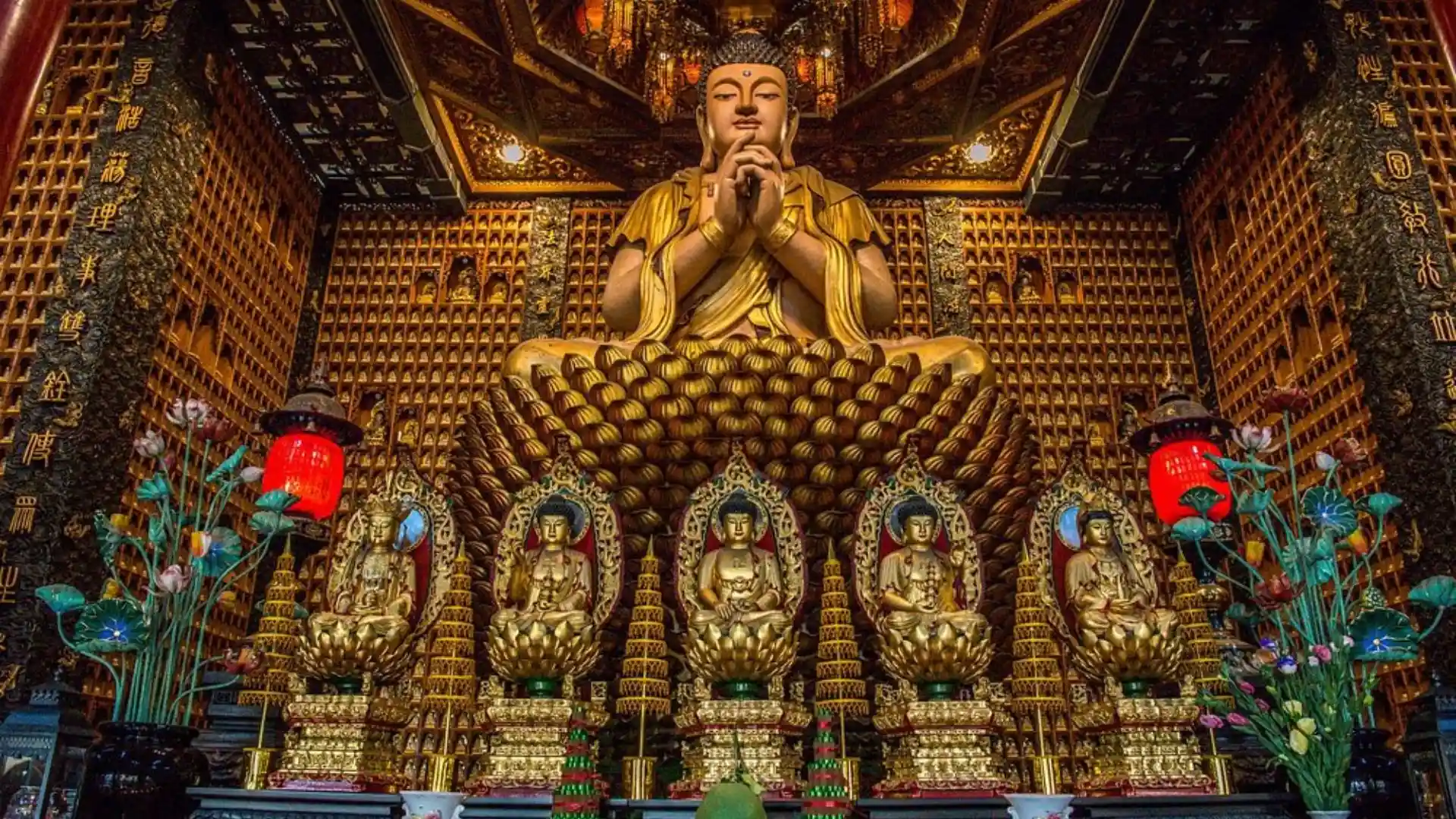 Sacred interior of Ten Thousand Buddha Pagoda in Ho Chi Minh City