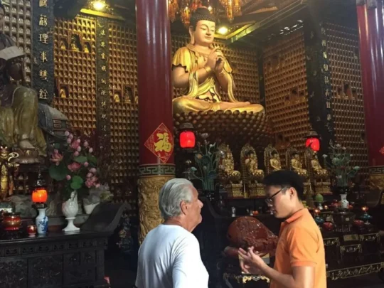Interior of Ten Thousand Buddha Pagoda visited during Ho Chi Minh motorbike tour.
