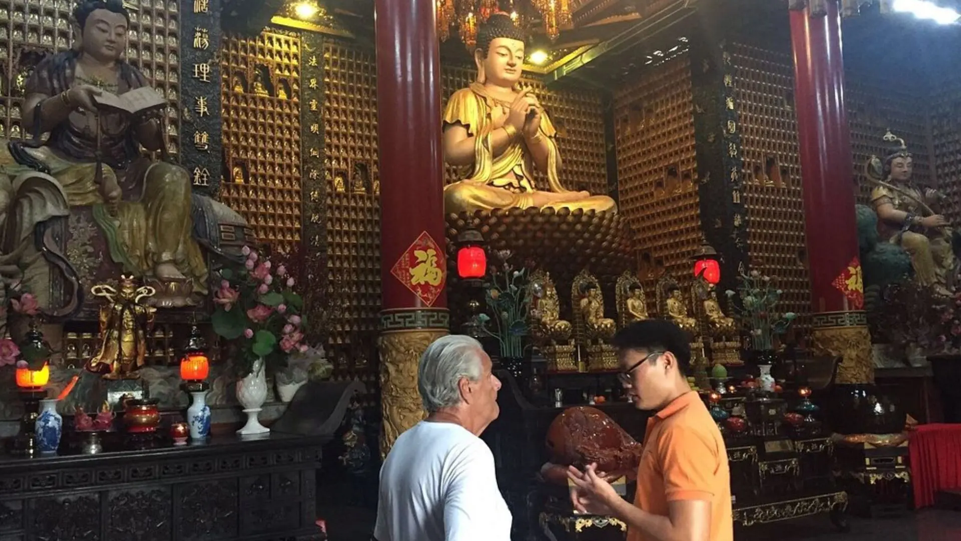 Interior of Ten Thousand Buddha Pagoda visited during Ho Chi Minh motorbike tour.