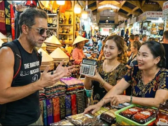 Tourists interacting with vendors at Ben Thanh Market during Ho Chi Minh City tour