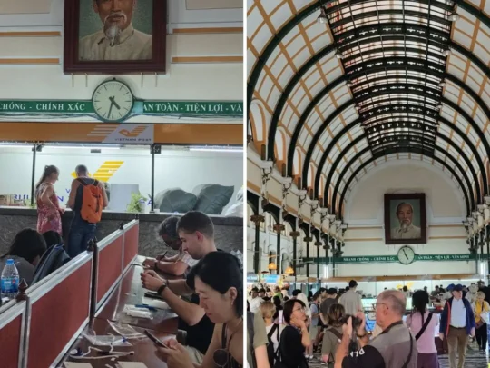 Local activities inside Saigon Central Post Office on Ho Chi Minh City tour Vietnam