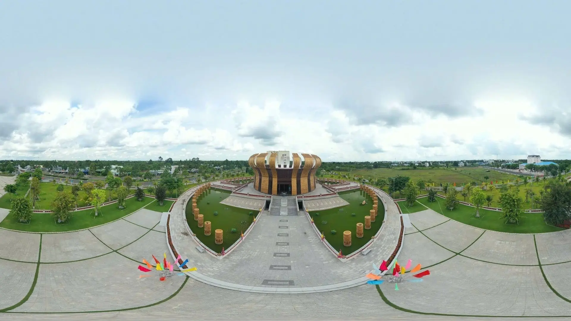 Wide view of the temple complex surrounded by greenery at Hung King Temple Can Tho