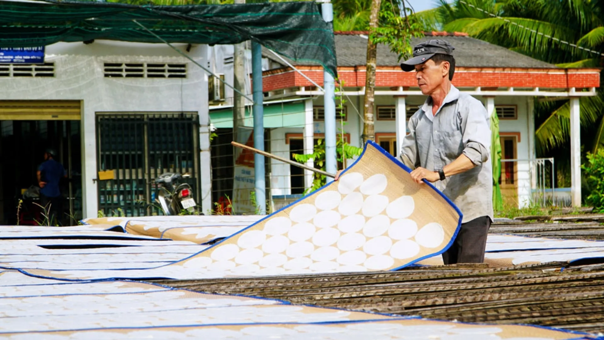 Son Doc Puff Rice Paper Village: Ben Tre’s Coconut Craft Heritage 164 Artisan drying puff rice paper by arranging thin sheets on outdoor mats