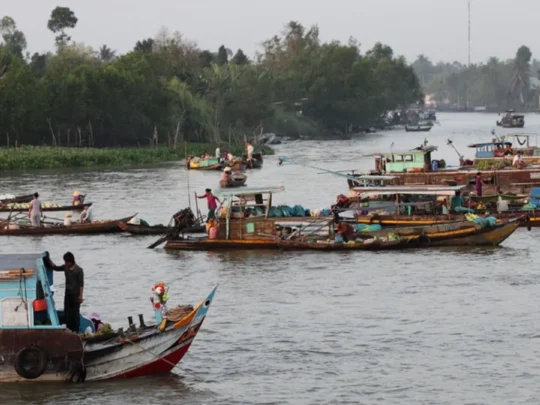 Overview of Cai Rang Floating Market during a Mekong Delta cruise in Can Tho, Vietnam