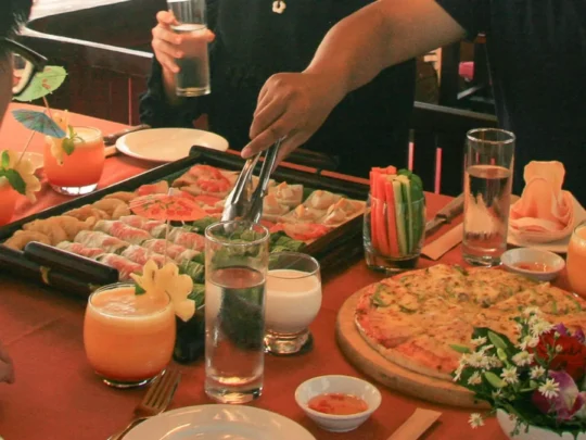 Luxury breakfast on Bassac Cruise during a Mekong Delta cruise in Can Tho, Vietnam