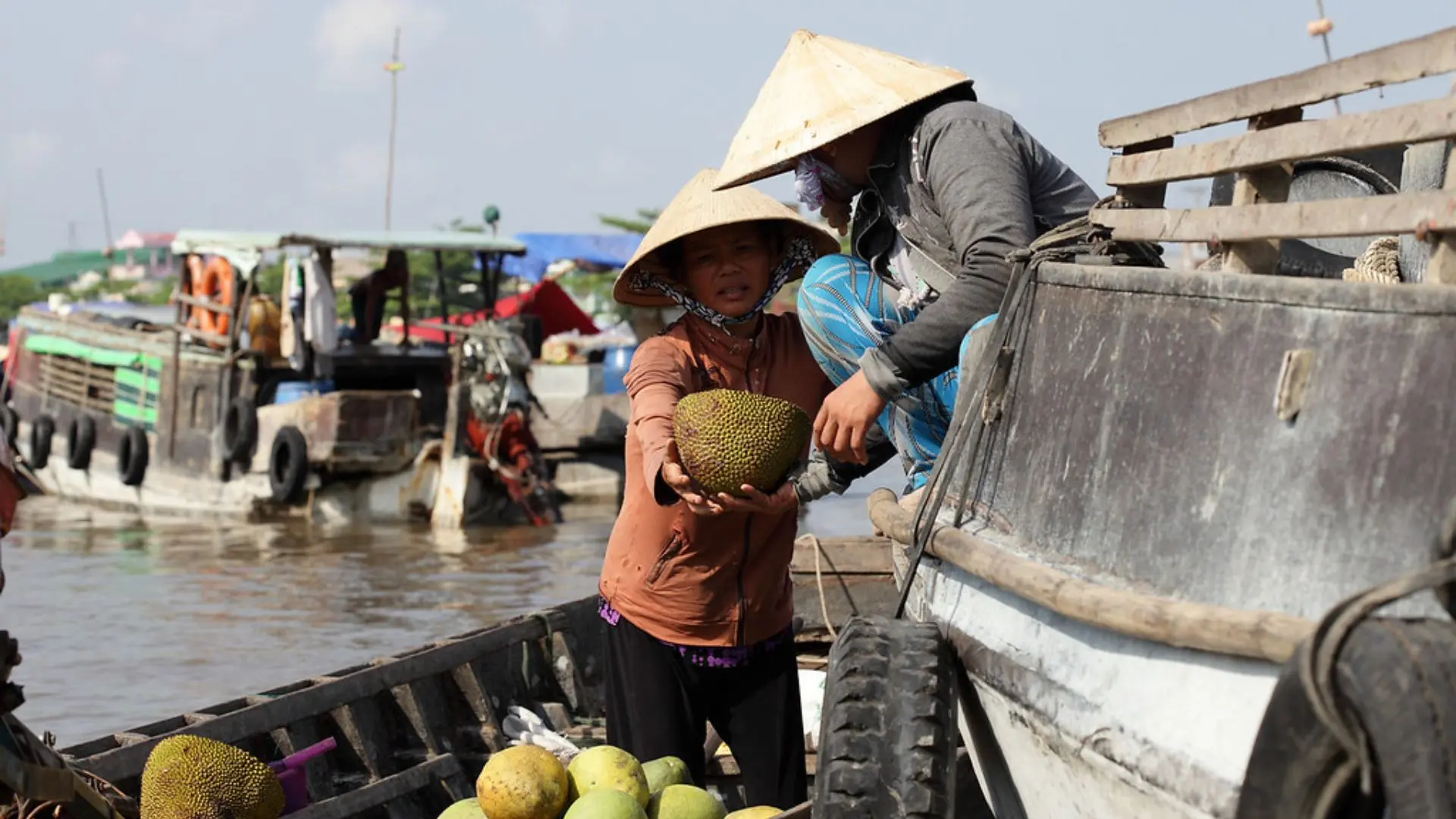 Local vendors trading fruit at Cai Rang Floating Market during a Mekong Delta cruise in Can Tho