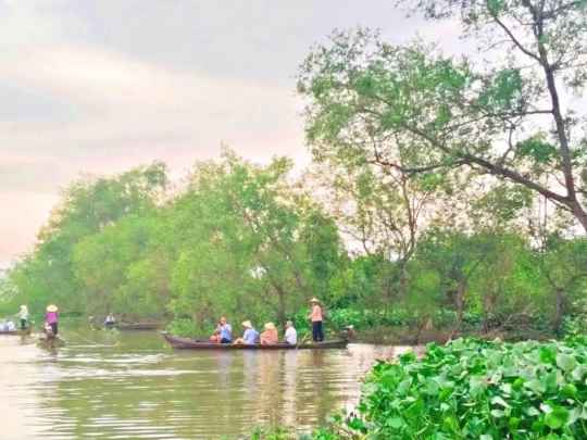 Scenic view of narrow, green waterway in the Cai Be region of the Mekong Delta