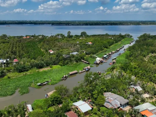 Aerial view of An Binh Islet and the intricate Mekong Delta waterways in Mekong Delta Tour Cai Be