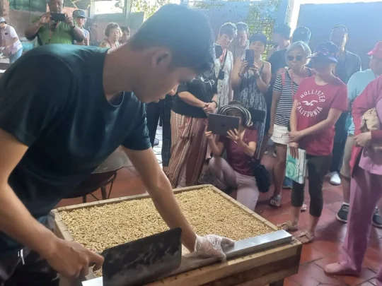 Tourists viewing a demonstration at a traditional pop rice (cốm) in Mekong Delta Tour Cai Be
