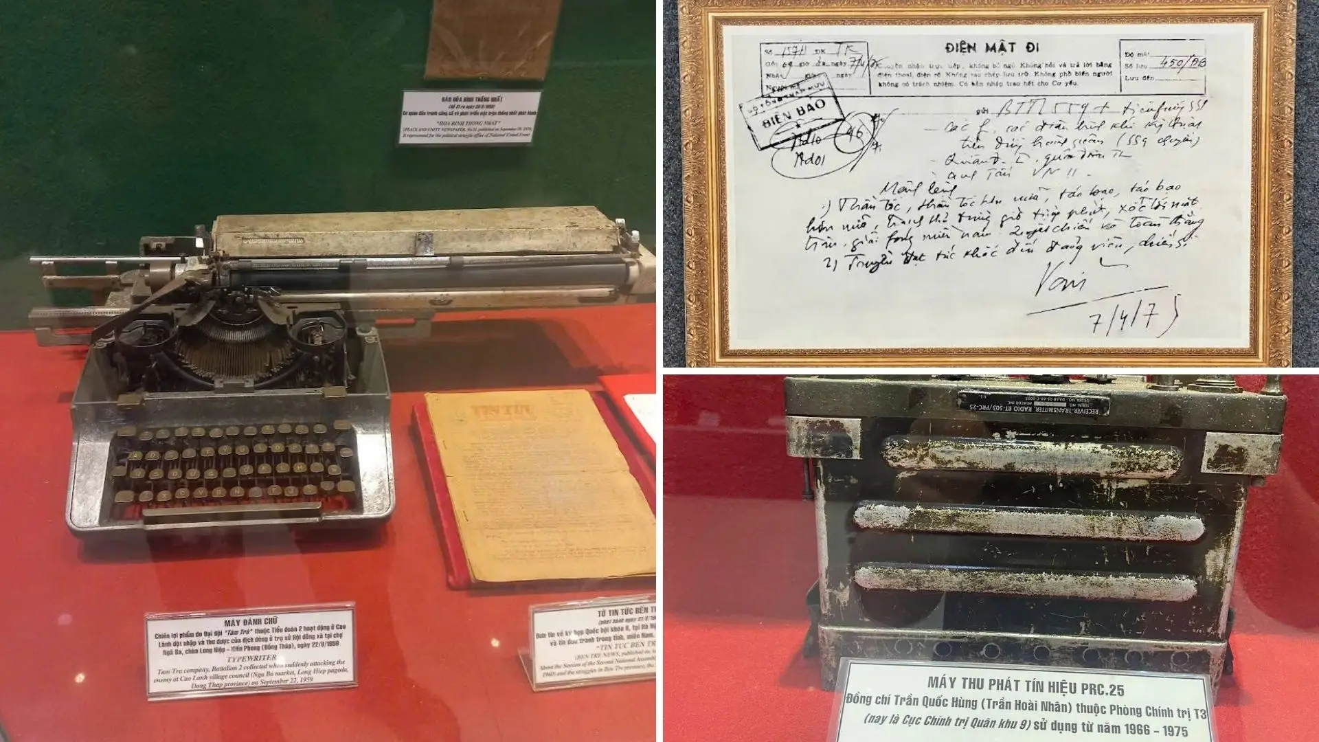 Historic typewriter and wartime documents at Military Zone 9 Museum in Can Tho