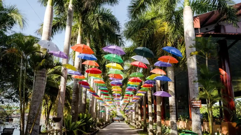 Colorful umbrella walkway inside My Khanh Tourist Village