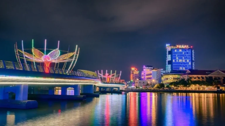 Colorful pedestrian bridge at Ninh Kieu Wharf at night