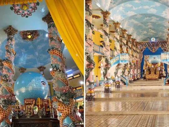 Golden interior of Ba Den Mountain pagoda, a major spiritual site in Tay Ninh, Vietnam