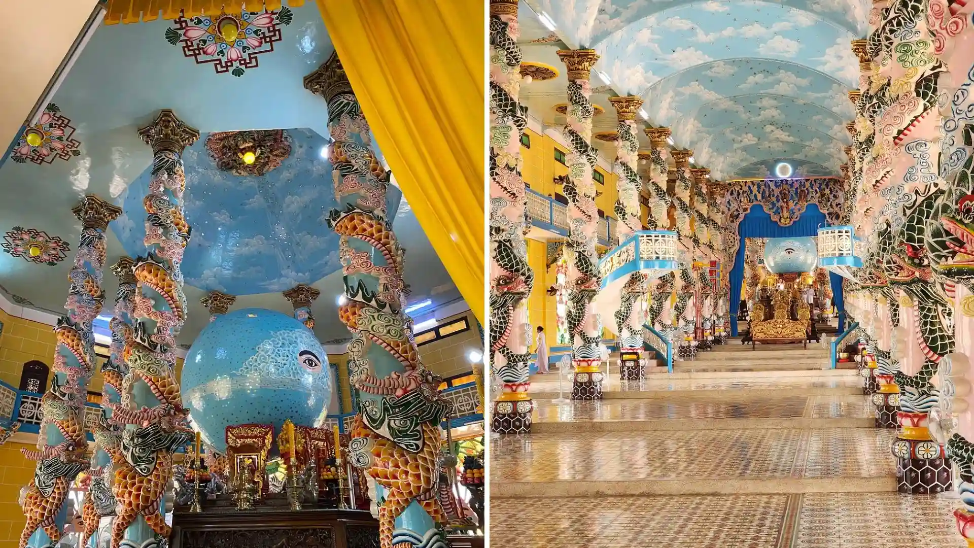 Golden interior of Ba Den Mountain pagoda, a major spiritual site in Tay Ninh, Vietnam