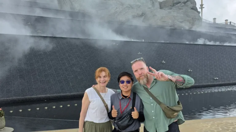 Tourists at the misty summit area of Ba Den Mountain, Tay Ninh