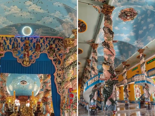 Interior view of Ba Den Mountain temple with colorful Buddhist murals, Tay Ninh, Vietnam