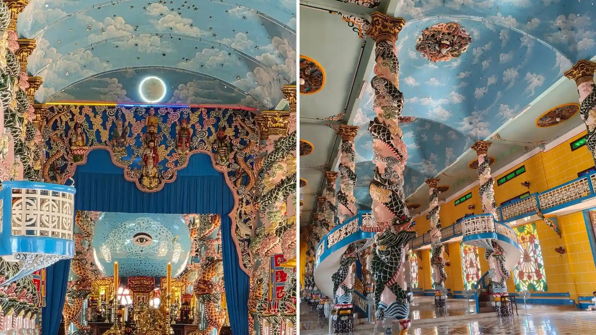 Interior view of Ba Den Mountain temple with colorful Buddhist murals, Tay Ninh, Vietnam
