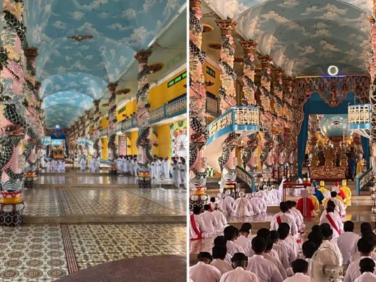 Colorful interior corridor of Ba Den Mountain temple complex, Tay Ninh