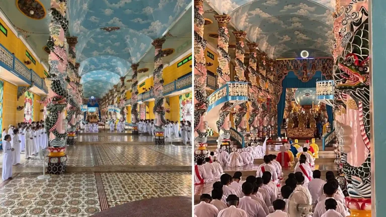 Colorful interior corridor of Ba Den Mountain temple complex, Tay Ninh