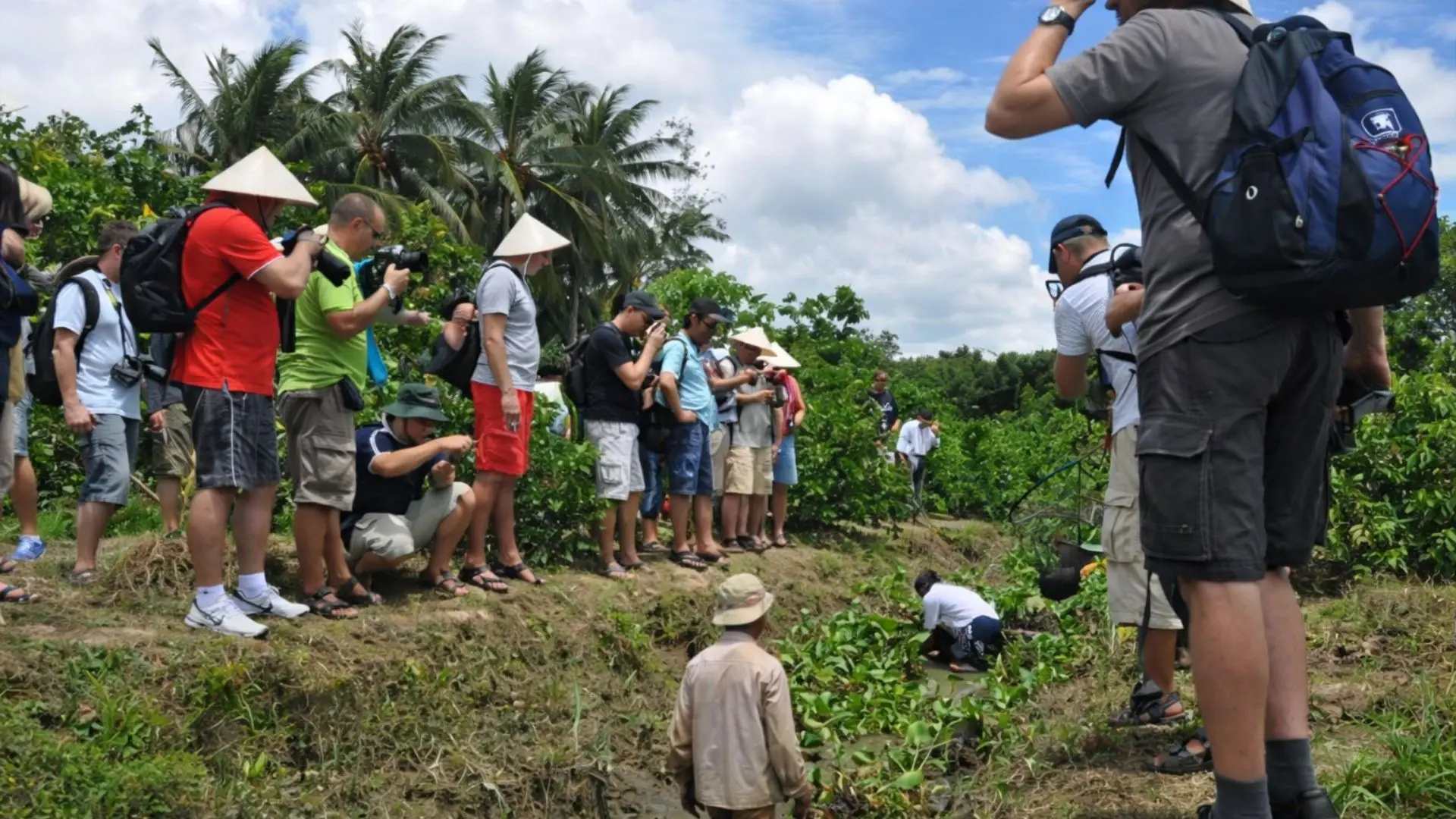 A group of tourists wearing conical hats exploring the fruit gardens surrounding Ba Duc Ancient House